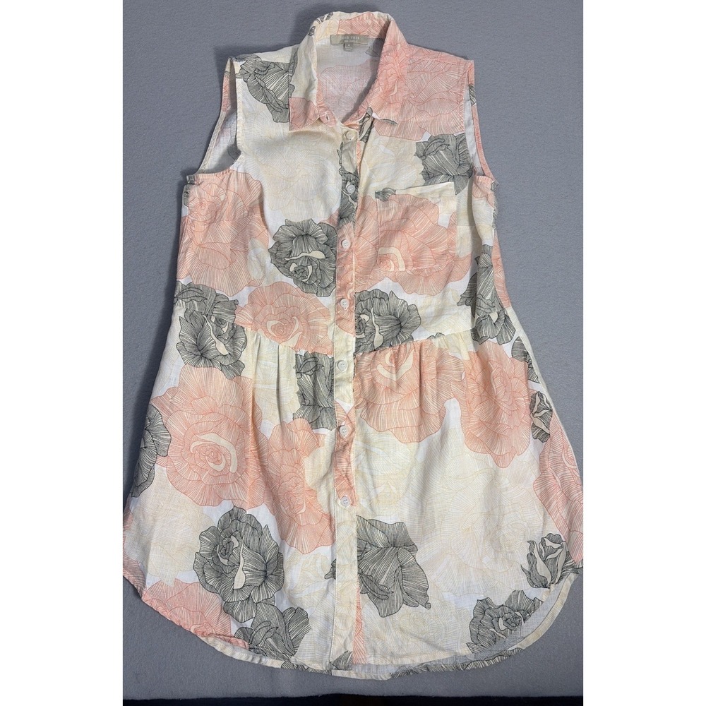 Joan Vass Linen Dress Womens Size M Floral Sleeveless Button Up Summer Resort
